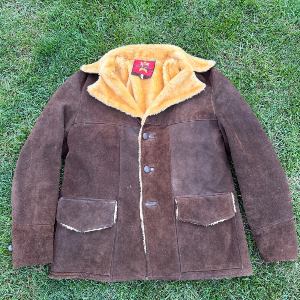 PYPSA Vintage Brown Suede Leather Faux Fur Lined Car Coat Jacket Womens 40 MEX